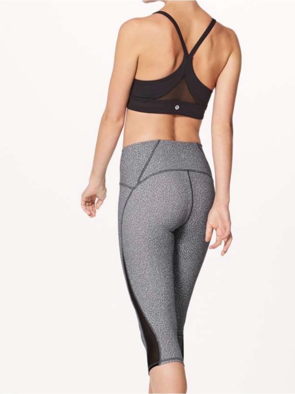 Lululemon High-Waist Gray Speckled Capri Leggings with Sheer Mesh Panel - Picture 2 of 7